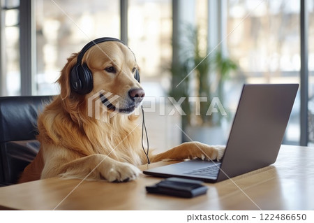 A golden retriever sitting at a sleek office desk wearing a headset and looking at a laptop screen with a paw resting on the keyboard 122486650