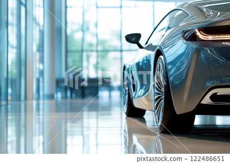 Modern Shiny Car in Showroom with Glowing Headlights, Vehicle in Bright Retail Environment for Promotional Text Space 122486651