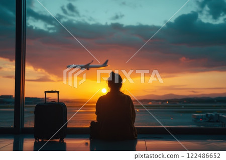 Passenger Silhouette Watching Sunset Over Airport Runway with Airplane Taking Off in Background 122486652