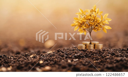 A tree growing from a stack of coin, with the leaves glowing in a golden hue. concept of sustainable investments and wealth generation over time A tree growing from a stack of coin, with the leaves glowing in a golden hue. concept of sustainable investments and wealth generation over time 122486657