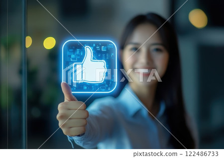 Businesswoman Celebrating Excellent Customer Service Achievement with Digital Thumbs Up Sign Businesswoman Celebrating Excellent Customer Service Achievement with Digital Thumbs Up Sign 122486733