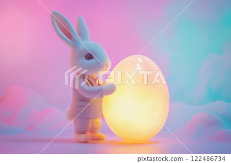 Cute Bunny Holding Glowing Egg in Colorful Fantasy Background with Soft Lighting Effects Cute Bunny Holding Glowing Egg in Colorful Fantasy Background with Soft Lighting Effects 122486734