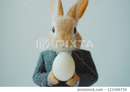 Cute Rabbit in Suit Holding White Egg Perfect for Easter Celebration and Festive Marketing 122486736