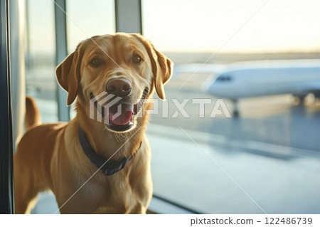 Happy Labrador Standing Near Airport Gate with Plane in Background Happy Labrador Standing Near Airport Gate with Plane in Background 122486739