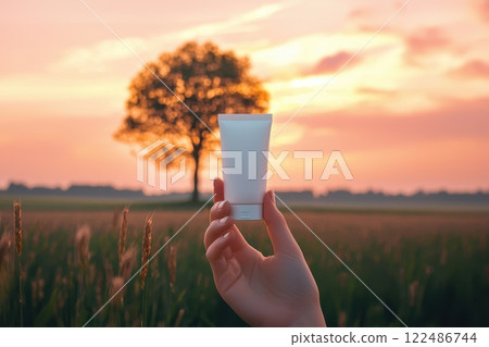 Hand Holding Cosmetic Tube Against Beautiful Sunset with Tree in Background 122486744