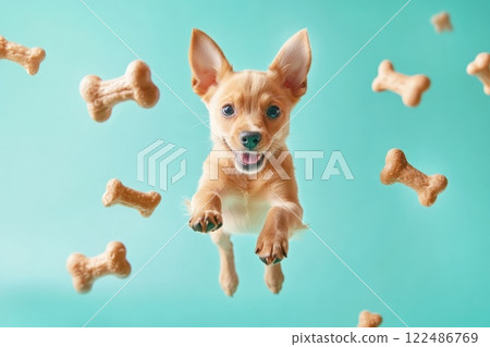Cute Levitating Dog Surrounded by Floating Bones in Playful and Whimsical Scene Cute Levitating Dog Surrounded by Floating Bones in Playful and Whimsical Scene 122486769