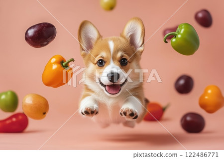 Adorable Corgi Puppy Levitating Among Floating Colorful Fruits and Vegetables in Playful Scene Adorable Corgi Puppy Levitating Among Floating Colorful Fruits and Vegetables in Playful Scene 122486771