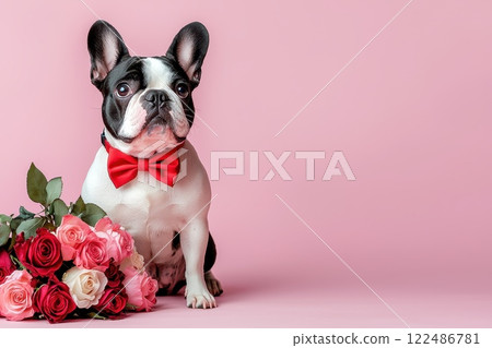 Adorable French Bulldog in Red Bow Tie Surrounded by Beautiful Roses on Pink Background 122486781