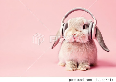Cute Fluffy Rabbit with Long Ears Wearing Stylish Headphones on Pink Background Cute Fluffy Rabbit with Long Ears Wearing Stylish Headphones on Pink Background 122486813