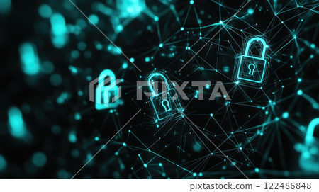 An abstract geometric wallpaper focused on technology and security with a dark background with padlock, Cyber security abstract geometric wallpaper 122486848