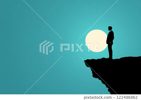 Businessperson Silhouette Standing on Cliff with Sun in Background Against a Blue Sky 122486862