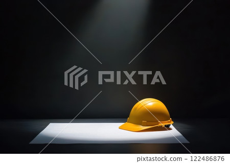Minimalist Composition Featuring a Yellow Hard Hat on a Plain Background in Dramatic Lighting Minimalist Composition Featuring a Yellow Hard Hat on a Plain Background in Dramatic Lighting 122486876