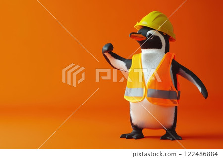 Charming Penguin in Construction Gear with Hard Hat and Safety Vest on Bright Orange Background 122486884