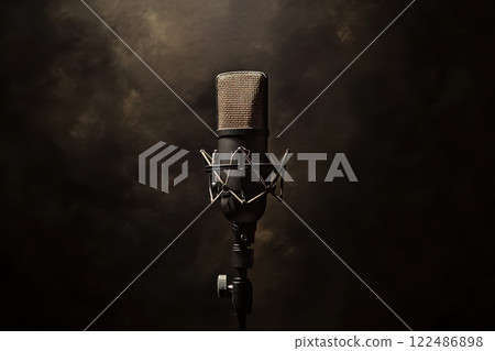 High Definition Studio Shot of a Vintage Microphone Against a Velvety Dark Background High Definition Studio Shot of a Vintage Microphone Against a Velvety Dark Background 122486898