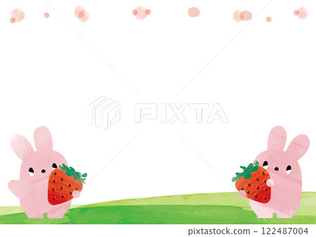 Watercolor pink polka dots and rabbits holding strawberries frame_horizontal 122487004