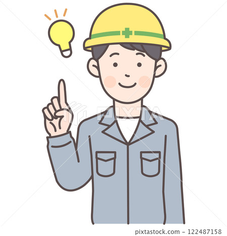 Male construction worker pointing and coming up with an idea_Safety helmet 122487158