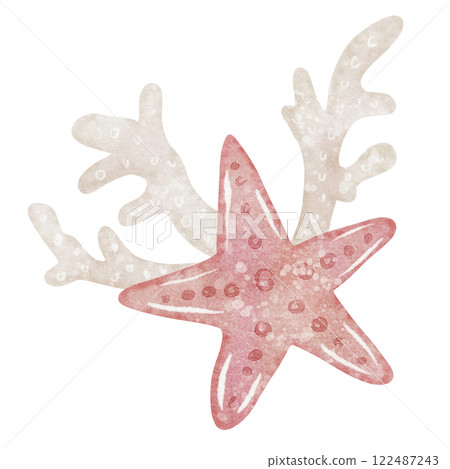 Watercolor illustration of pink Starfish and Coral reefs in a delicate pastel pink and beige colors. Drawing of sea star for kids designs or nursery wall art. Sketch for childish greeting cards. 122487243