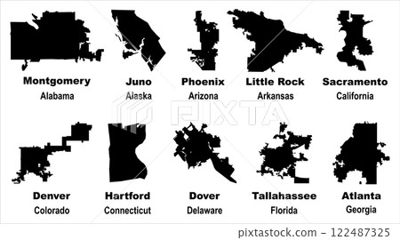 Layered editable vector illustration of map outlines of ten US state capital cities Layered editable vector illustration of map outlines of ten US state capital cities 122487325