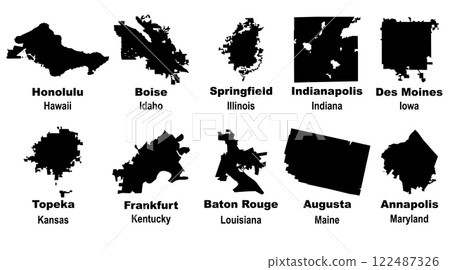 Layered editable vector illustration of map outlines of ten US state capital cities Layered editable vector illustration of map outlines of ten US state capital cities 122487326
