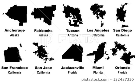 Layered editable vector illustration of map outlines of ten US cities Layered editable vector illustration of map outlines of ten US cities 122487330