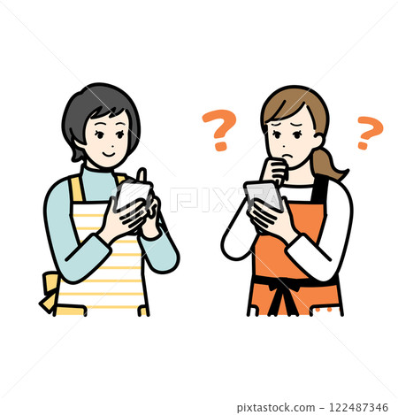 Women talking while holding a smartphone Women talking while holding a smartphone 122487346