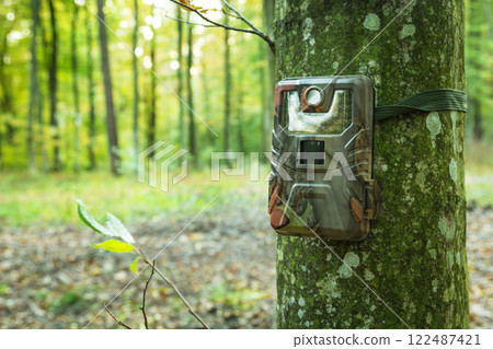 Close-up of a camera trap hanging on a tree trunk Close-up of a camera trap hanging on a tree trunk 122487421