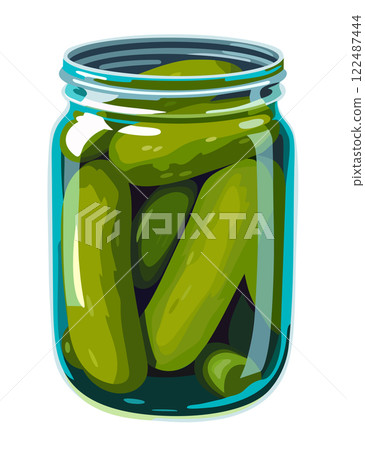 Marinated pickles in jar. Vector isolated illustration 122487444