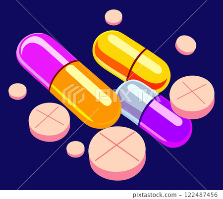 Bright medical pills and capsules on blue background Bright medical pills and capsules on blue background 122487456