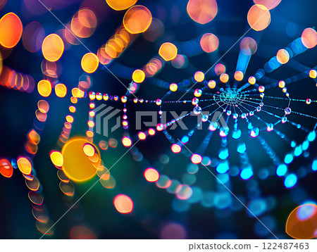Spiderweb with sparkling Dew Drops on a blue Background 122487463
