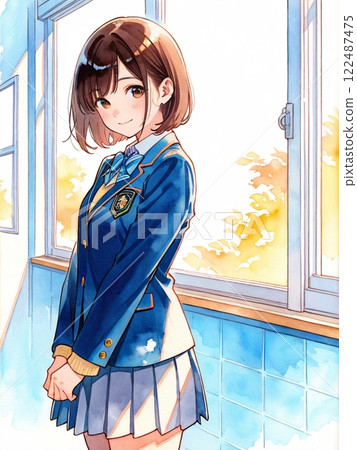 一位身穿西裝外套的女孩站在窗邊的水彩畫 一位身穿西裝外套的女孩站在窗邊的水彩畫 122487475