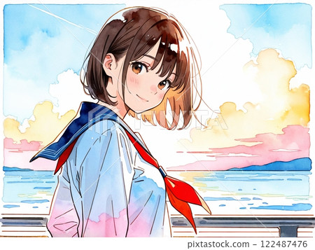 身穿水手服的女孩回望海灘的水彩插圖 身穿水手服的女孩回望海灘的水彩插圖 122487476
