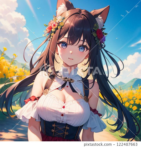 A shy girl with a flower field in the background 122487663