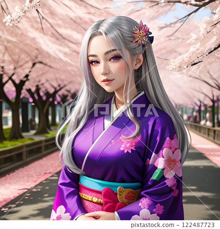 AI-generated image of a beautiful silver-haired girl in a kimono with cherry blossoms 122487723