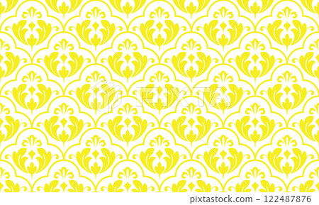Flower geometric pattern. Seamless vector background. White and yellow ornament. Ornament for fabric, wallpaper, packaging. Decorative print 122487876