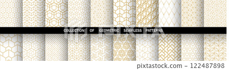 Geometric set of seamless golden and white patterns. Simple vector graphics 122487898