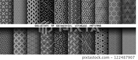 Geometric set of seamless black and gray patterns. Simple vector graphics 122487907