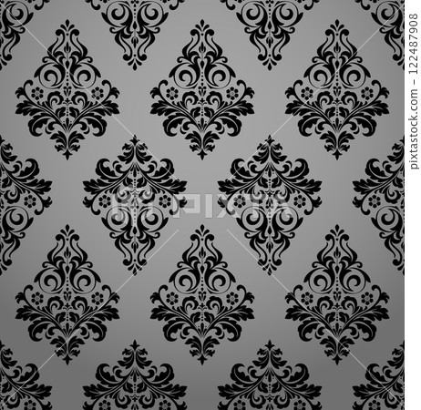 Floral pattern. Seamless vector background. Vintage wallpaper in the Baroque style. Gray and black ornament for fabric, wallpaper, packaging. Ornate Damask flower illustration Floral pattern. Seamless vector background. Vintage wallpaper in the Baroque style. Gray and black ornament for fabric, wallpaper, packaging. Ornate Damask flower illustration 122487908