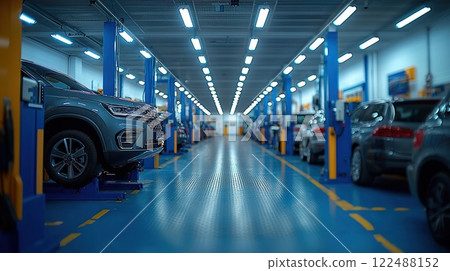 Car being serviced in a modern garage with bright blue lighting during late afternoon hours 122488152
