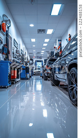 Car being serviced in a modern garage with bright blue lighting during late afternoon hours 122488158