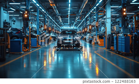 Car being serviced in a modern garage with bright blue lighting during late afternoon hours 122488163