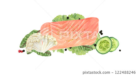 Watercolor salmon fillet with vegetables, black peppers, salad leaves illustration isolated background. Trout fish, cauliflower, cucumber slices hand painting seafood dish for menu, cookbook. Top view 122488246