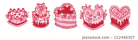 Coquette cakes set with bows and strawberries, heart shaped dessert in retro 90s style. Trendy vintage pink girls vector illustration Coquette cakes set with bows and strawberries, heart shaped dessert in retro 90s style. Trendy vintage pink girls vector illustration 122488307