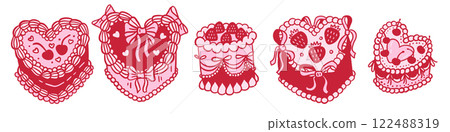 Vintage Coquette Cakes set - Outline Clipart, Coquette cake line art, vintage wedding, birthday sweet Hearts, Pink Valentine's day Clip Art. Hand drawn vector illustration. Vintage Coquette Cakes set - Outline Clipart, Coquette cake line art, vintage wedding, birthday sweet Hearts, Pink Valentine's day Clip Art. Hand drawn vector illustration. 122488319