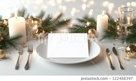 Elegant Christmas Dinner Table Setting with Golden Decorations and blank menu 122488397