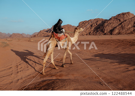 Bedouin Rider on a Camel in a Desert Landscape. Saudi Arabia.  122488544