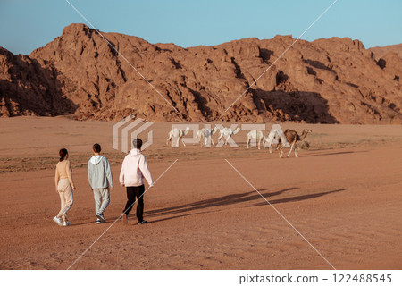 Travelers Exploring the Desert, Watching a Herd of Camels. Saudi Arabia.  122488545
