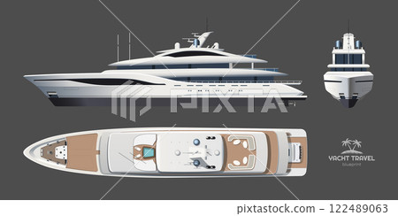 Isolated yacht drawing. Side, front and top views of private ship. Luxury boat 3d blueprint. Cruise motorboat industrial art. Ocean sail Isolated yacht drawing. Side, front and top views of private ship. Luxury boat 3d blueprint. Cruise motorboat industrial art. Ocean sail 122489063