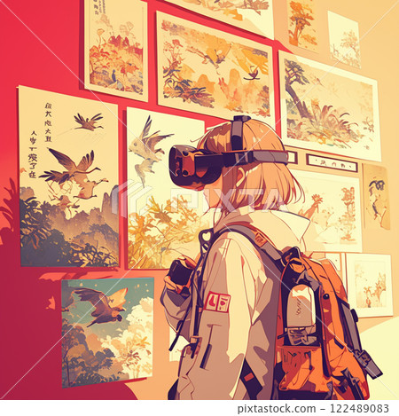 Girl watching virtual world exhibition with VR goggles 122489083