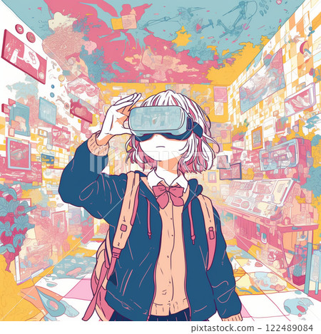 Girl looking at virtual world through VR goggles 122489084