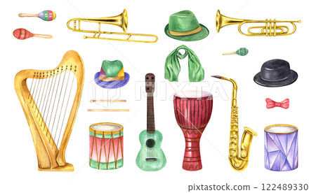 Carnival musical instruments, holiday hats with scarf, bow tie clip art watercolor illustration isolated background. Brasil, Mardi Gras jazz music elements in realistic style for concert poster 122489330